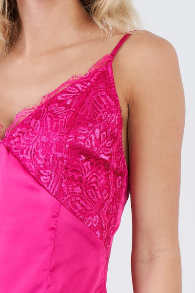 Our Best 92% Polyester 8% Spandex Sleeveless Semi-Sheer Retro Chic Lace Trim Raw Hem Criss-Cross Back Mini Dress (Hot Pink)