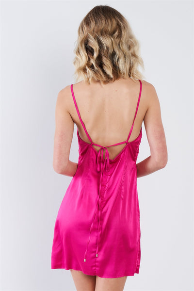 Our Best 92% Polyester 8% Spandex Sleeveless Semi-Sheer Retro Chic Lace Trim Raw Hem Criss-Cross Back Mini Dress (Hot Pink)