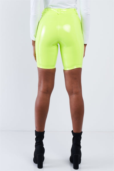 Our Best Polyester Blend Lime Green Faux Leather Back Pockets Detail Midi Length Biker Shorts (Neon Lime Green)