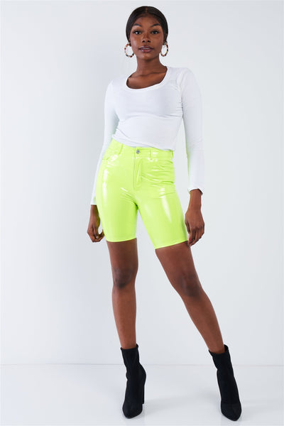 Our Best Polyester Blend Lime Green Faux Leather Back Pockets Detail Midi Length Biker Shorts (Neon Lime Green)