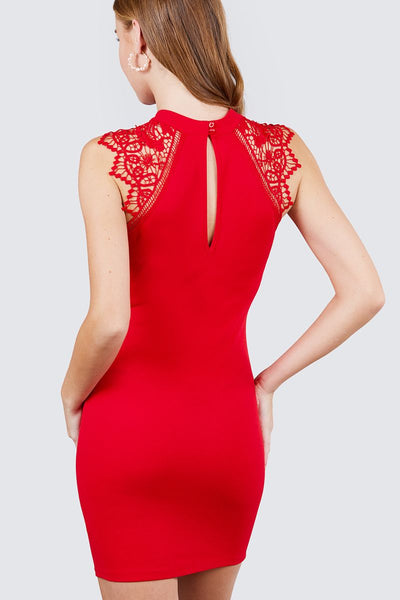 Savannah Smiles 95% Polyester 5% Spandex Sleeveless Shoulder Lace Patch Open Back Button Closure Stretch Knit Mini Dress (Red)