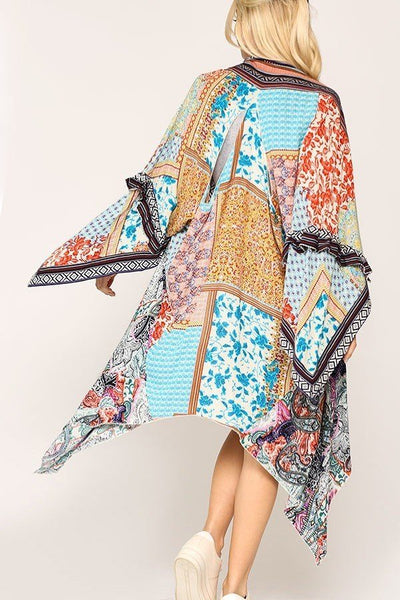 Samantha On Safari 100% Silk Rayon Asymmetrical Hemline Ruffled Detail Vintage Print Kimono (Aqua Tangerine)