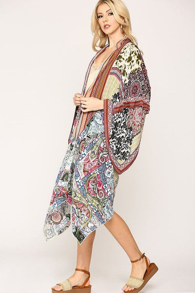 Callista Karista 100% Rayon Vintage Patterned Ruffle Detail Open Front Kimono (Moss Black)