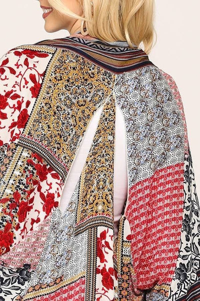 Callista Karista 100% Rayon Vintage Print Ruffle Detail Asymmetrical Kimono (Navy Red)