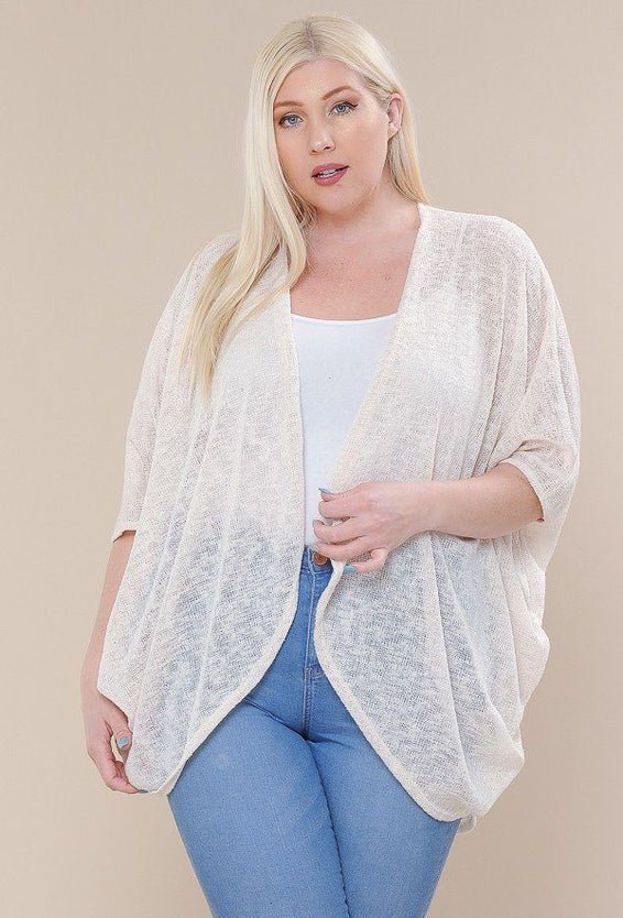 Plus Size Lovely Ladies Polyester Blend Open Front Solid Color V-neck Kimono Sleeve Cardigan (Ivory)