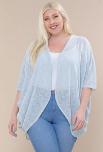 Plus Size Lovely Ladies Polyester Blend Open Front V-neck Semi Sheer Lace Fabric Solid Color Kimono Sleeve Cardigan (Dusty Blue)