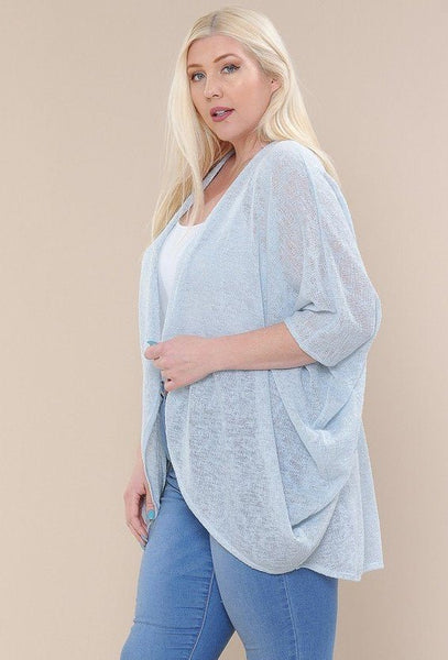 Plus Size Lovely Ladies Polyester Blend Open Front V-neck Semi Sheer Lace Fabric Solid Color Kimono Sleeve Cardigan (Dusty Blue)