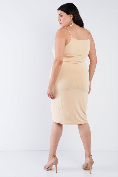 Plus Size Lovely Ladies Polyester Blend Made In U.S.A. Surplice V-neck Chic Sleeveless Casual Classic Mini Dress (Nude)