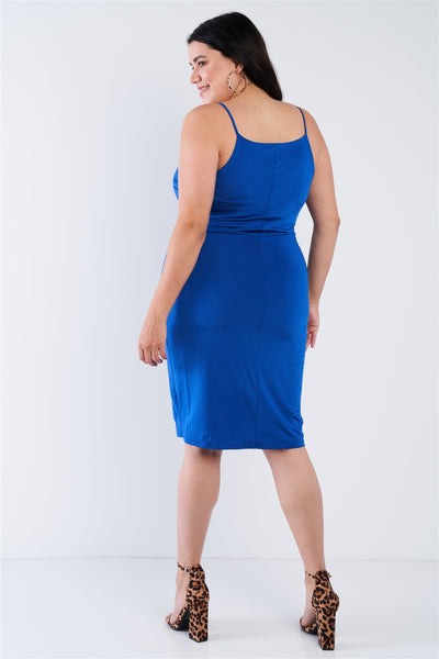 Plus Size Lovely Ladies Polyester Blend Made In U.S.A. Surplice V-neck Chic Sleeveless Casual Classic Mini Dress (Royal Blue)