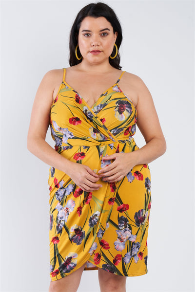 Plus Size Lovely Ladies 96% Polyester 4% Spandex Made In U.S.A. Floral Print Surplice Neckline Tulip Mini Dress (Mustard)