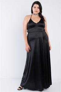 Diva Davina Plus Size Lovely Ladies Polyester Blend Satin V-neckline Detail Criss-Cross Corset Black Maxi Dress