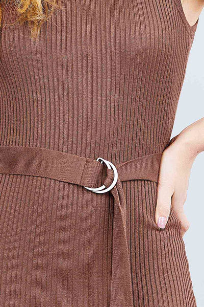 Rubianne Ribbed 75% Rayon 25% Polyester Sleeveless Double Scoop Neck w/Belt Rib Sweater Mini Dress (Chocolate)