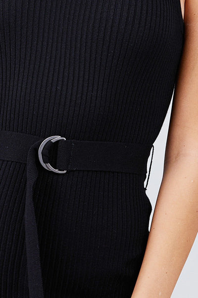 Rubianne Ribbed 75% Rayon 25% Polyester Sleeveless Double Scoop Neck w/Belt Rib Sweater Mini Dress (Black)