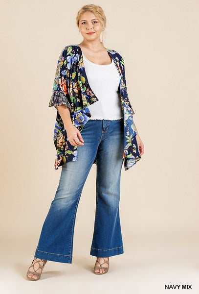 Plus Size Lovely Ladies Polyester Blend Beautiful Brilliant Floral Mixed Ruffle Bell Sleeve Side Slits Open Front Kimono (Navy Mix)