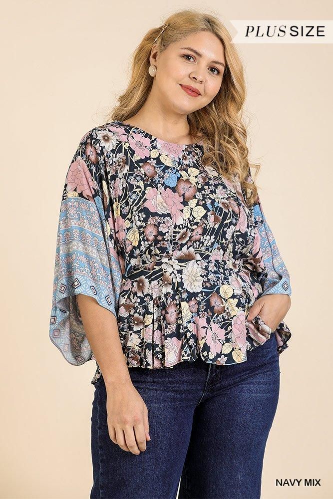 Amanda Fernanda Plus Size 100% Rayon Floral Scarf Mixed Print Round Neck Navy Kimono Top