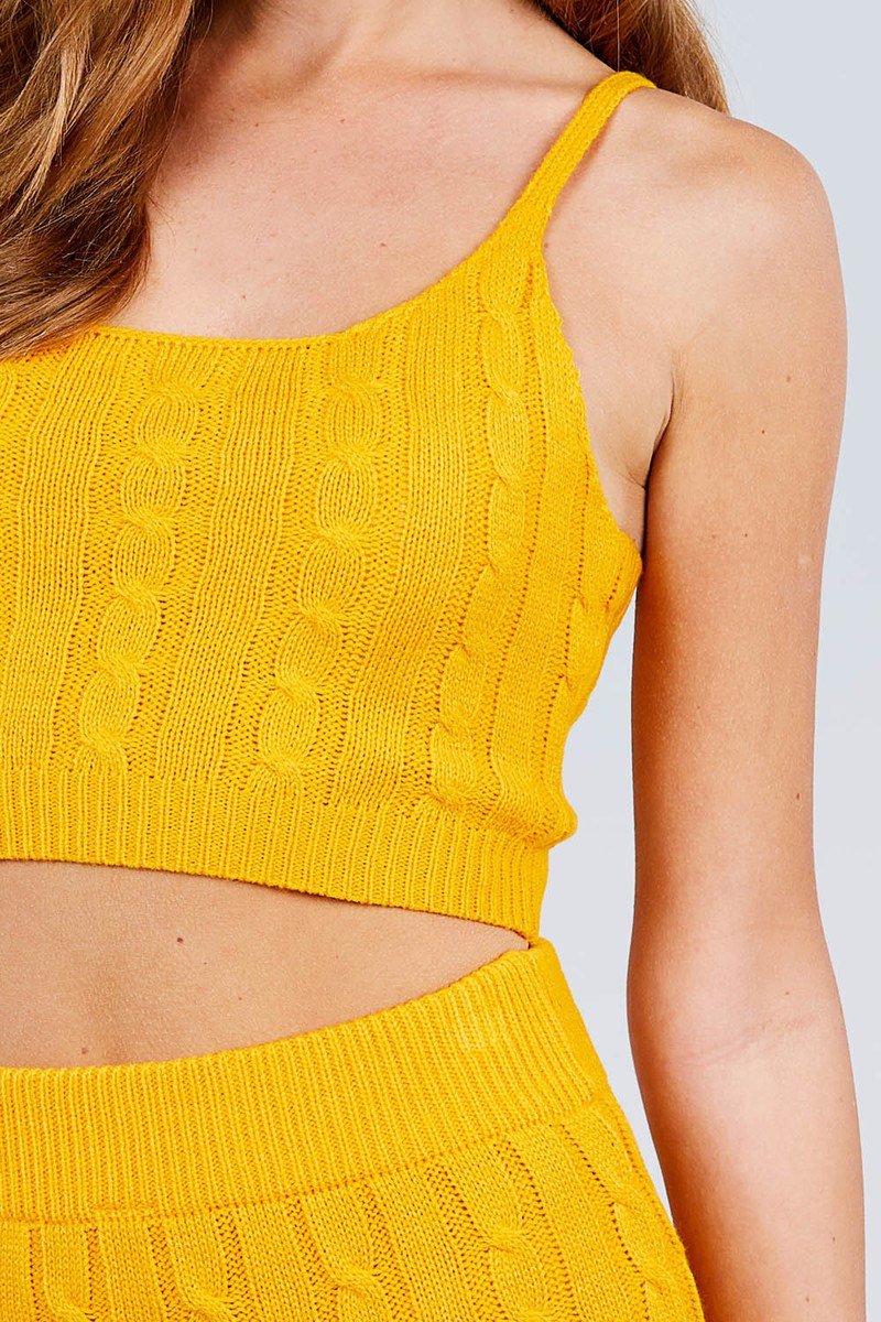 Our Best 100% Acrylic Sleeveless Scoop Neck Sweater Top Mini Skirt Two Piece Set (Mustard)