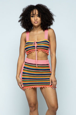 Roxanne Rocks 100% Acrylic Multi Color Crochet Pom-Pom Detailing Open Back Crop Top/Mini Pencil Skirt 2-Piece Set (Pink Combo)