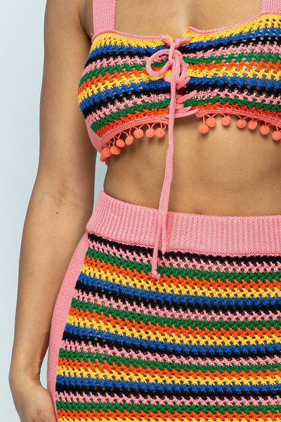Roxanne Rocks 100% Acrylic Multi Color Crochet Pom-Pom Detailing Open Back Crop Top/Mini Pencil Skirt 2-Piece Set (Pink Combo)