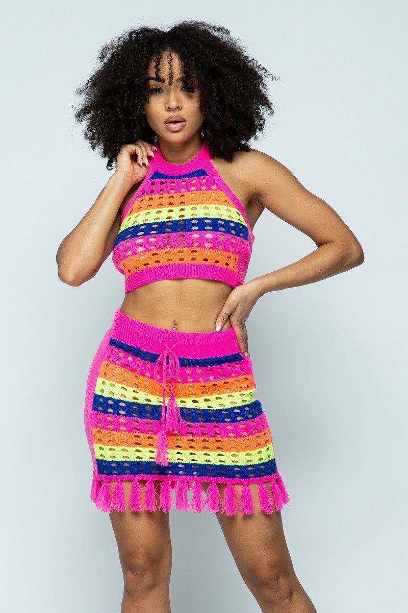 Roxanne Rocks 100% Acrylic Multi Color Striped Laser Cut Cropped Halter Top Short Skirt Tassel Fringe Hem Detail 2-Piece Set (Neon Pink)