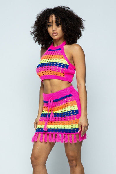 Roxanne Rocks 100% Acrylic Multi Color Striped Laser Cut Cropped Halter Top Short Skirt Tassel Fringe Hem Detail 2-Piece Set (Neon Pink)
