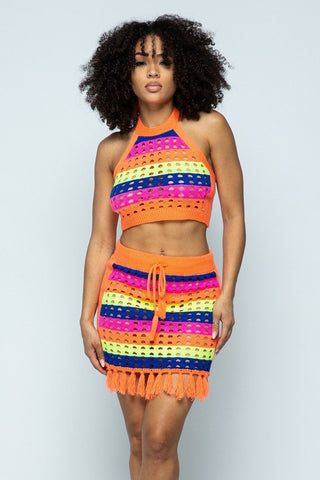 Roxanne Rocks 100% Acrylic Multi Color Striped Laser Cut Cropped Halter Top Short Skirt Tassel Fringe Hem Detail 2-Piece Set (Neon Orange)