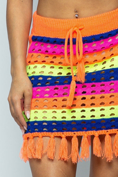 Roxanne Rocks 100% Acrylic Multi Color Striped Laser Cut Cropped Halter Top Short Skirt Tassel Fringe Hem Detail 2-Piece Set (Neon Orange)