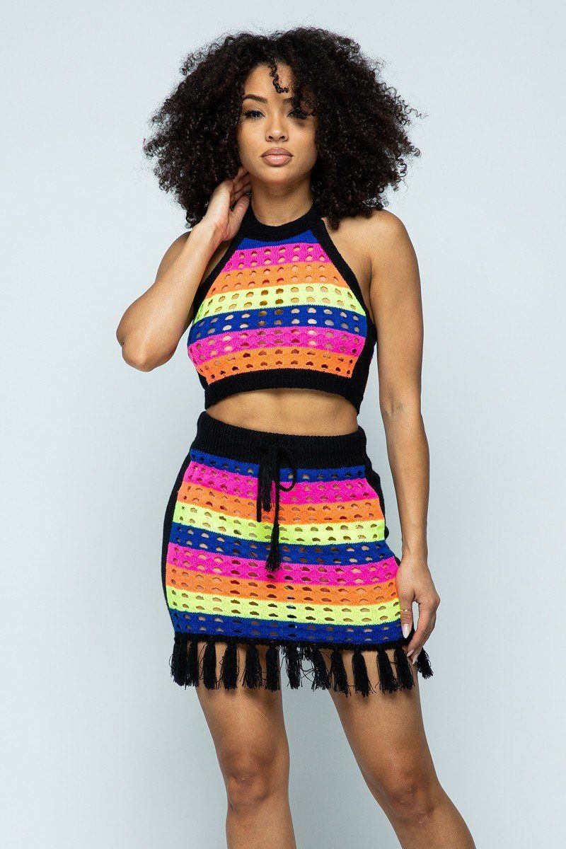 Roxanne Rocks 100% Acrylic Multi Color Striped Laser Cut Cropped Halter Top Short Skirt Tassel Fringe Hem Detail 2-Piece Set (Black Neon)