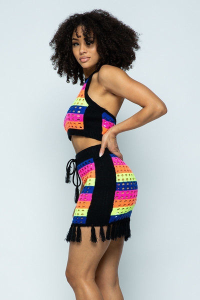 Roxanne Rocks 100% Acrylic Multi Color Striped Laser Cut Cropped Halter Top Short Skirt Tassel Fringe Hem Detail 2-Piece Set (Black Neon)