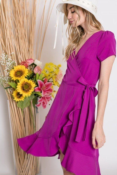Our Best 100% Polyester Solid Basic Ruffle Detailed Tulip Overlay Short Sleeve Surplice Ribbon Tie Waist Detail Mini Dress (Berry)