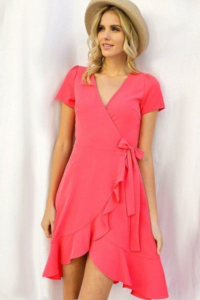 Our Best 100% Polyester Solid Basic Ruffle Detailed Tulip Overlay Short Sleeve Surplice Ribbon Tie Waist Detail Mini Dress (Coral Red)