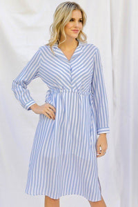 Our Best 100% Cotton Stripe Print Cinched Waist Long Sleeve Shirt Style Midi Dress (Light Blue)