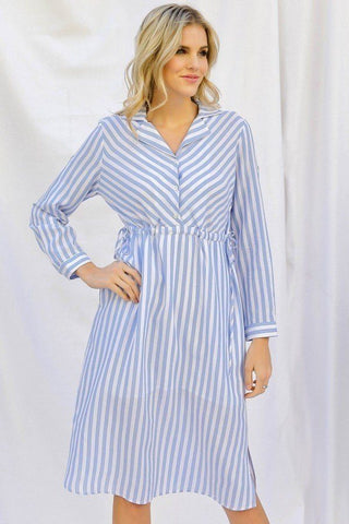 Our Best 100% Cotton Stripe Print Cinched Waist Long Sleeve Shirt Style Midi Dress (Light Blue)