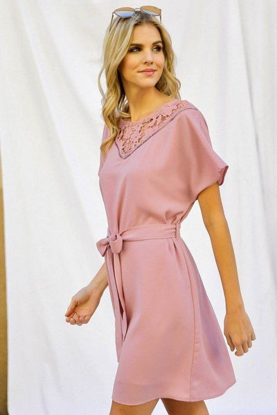 Our Best 100% Cotton Solid With Crochet Detail Waist Tie Dolman Sleeve Dress (Dusty Pink)