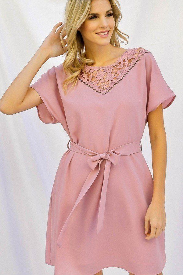 Our Best 100% Cotton Solid With Crochet Detail Waist Tie Dolman Sleeve Dress (Dusty Pink)