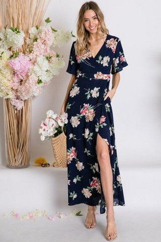 Gwendolyn's Garden 100% Rayon Spring Floral Print Short Bell Flyaway Sleeve Faux Wrap Maxi Dress (Navy)