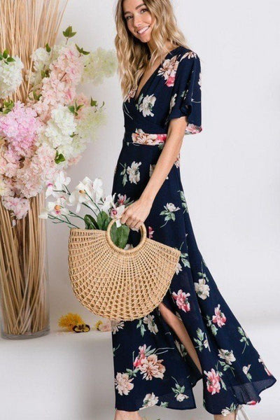 Gwendolyn's Garden 100% Rayon Spring Floral Print Short Bell Flyaway Sleeve Faux Wrap Maxi Dress (Navy)