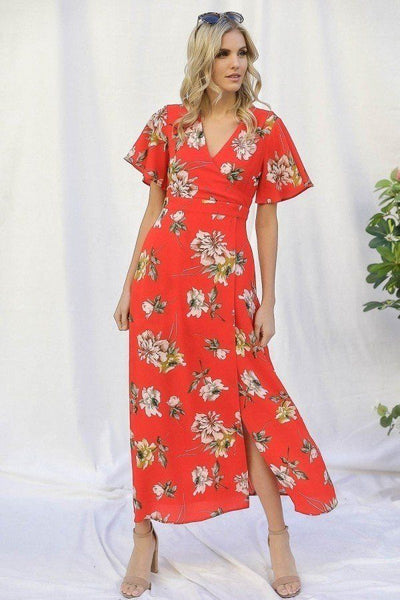 Gwendolyn's Garden 100% Rayon Spring Floral Print Short Bell Flyaway Sleeve Faux Wrap Maxi Dress (Red)