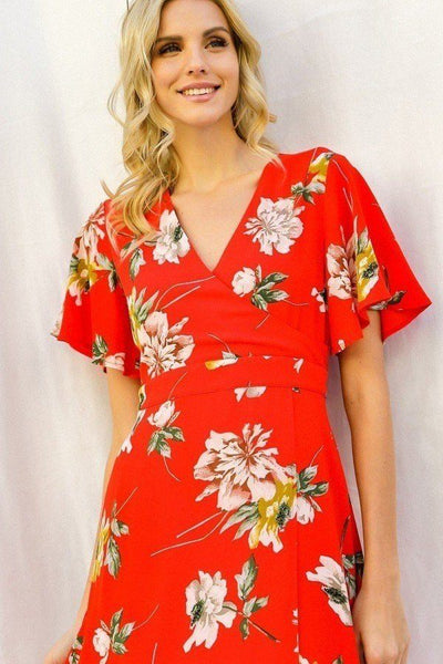 Gwendolyn's Garden 100% Rayon Spring Floral Print Short Bell Flyaway Sleeve Faux Wrap Maxi Dress (Red)