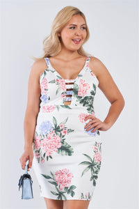 Plus Size Lovely Ladies 95% Polyester 5% Spandex Floral Print V-neckline Strappy Front Bodycon Mini Dress (Off White)