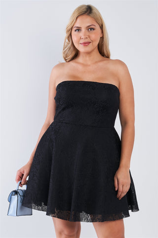 Plus Size Lovely Ladies 85% Nylon 15% Spandex Floral Lace Strapless Fit & Flare Mini Dress (Black)