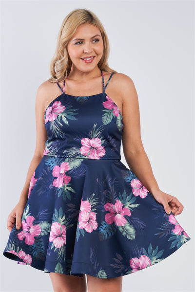 Plus Size Lovely Ladies 95% Nylon 5% Spandex Fun Flirty Tropical Print Square Neckline Strappy Open Back Flare Skirt Mini Dress (Navy)