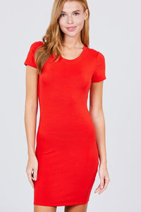 Clarissa Carrissa 92% Cotton 8% Spandex Short Sleeve Round Neck Knit Mini Dress (Tomato)