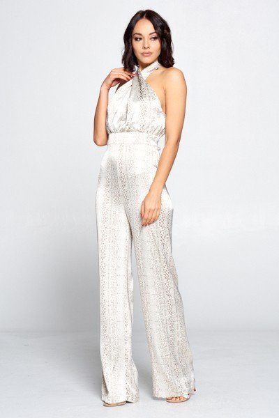 Our Best 100% Polyester Wrap Front Ties At The Neck Halter Top Jumpsuit (Off White/Taupe)