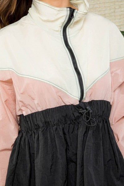 Wendy Wendeline 100% Polyester High Neck Zipper Waist Elastic Long Sleeve Bottom Ruffle Color Block Windbreaker