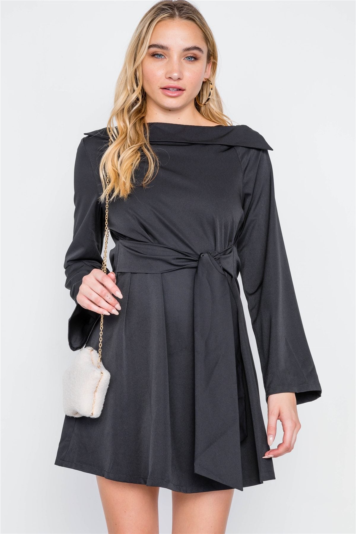 Lula Tallulah Polyester Blend Straight Flap Neck Long Sleeve Front Sash Tie Solid Color Mini Dress (Black)