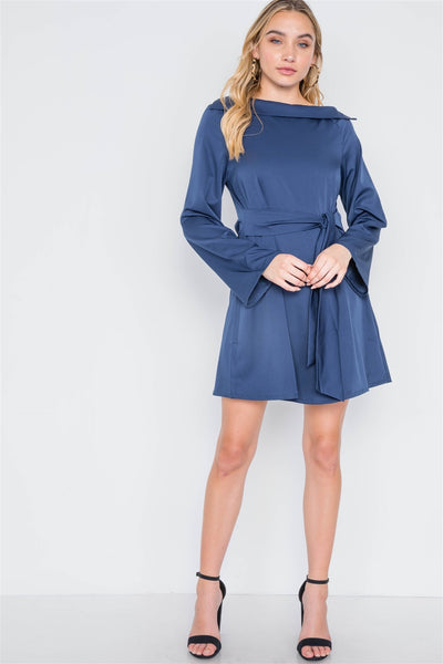 Lula Tallulah Polyester Blend Straight Neck Long Sleeve Solid Color Front-Tie Mini Dress (Navy)