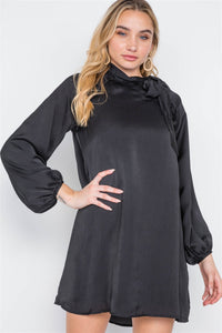 Monica Veronica 100% Polyester Long Sleeve Satin Shirred Ruffle Detail Relaxed Fit Fully Lined Mini Dress (Black)