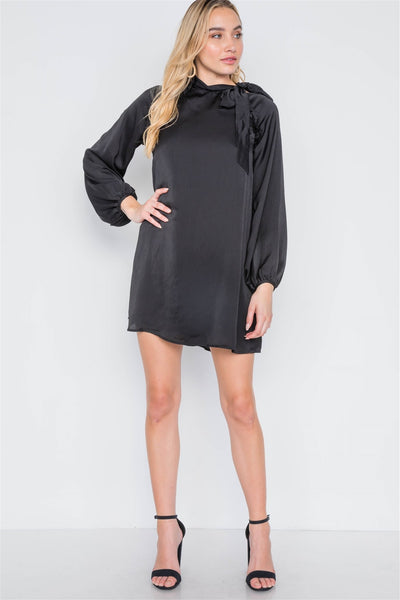 Monica Veronica 100% Polyester Long Sleeve Satin Shirred Ruffle Detail Relaxed Fit Fully Lined Mini Dress (Black)