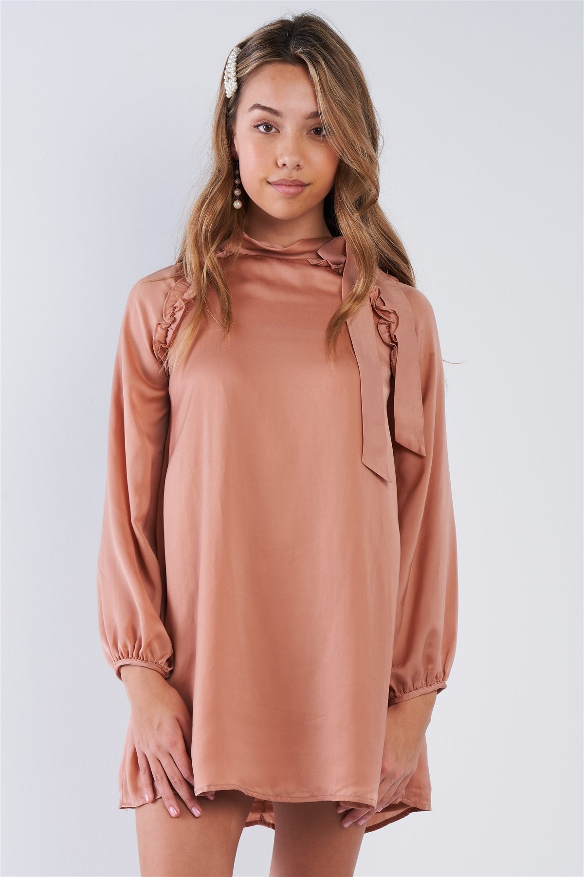 Monica Veronica 100% Polyester Long Sleeve Satin Shirred Ruffle Detail Relaxed Fit Fully Lined Mini Dress (Taupe)