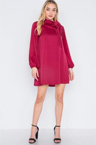 Monica Veronica 100% Polyester Long Sleeve Satin Shirred Ruffle Detail Relaxed Fit Fully Lined Mini Dress (Wine)